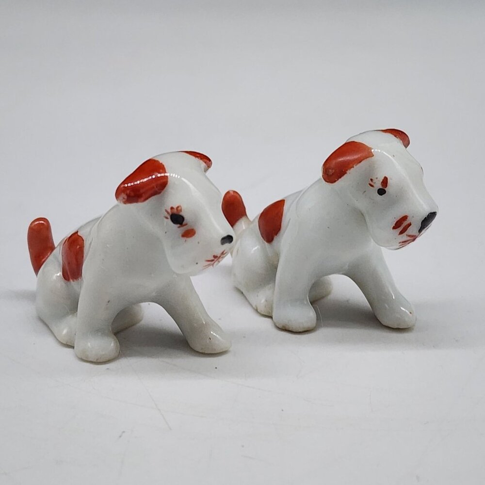 Vintage Ceramic Japan Scotty Dog Figurines Pair Red & White 1.5" Tall
